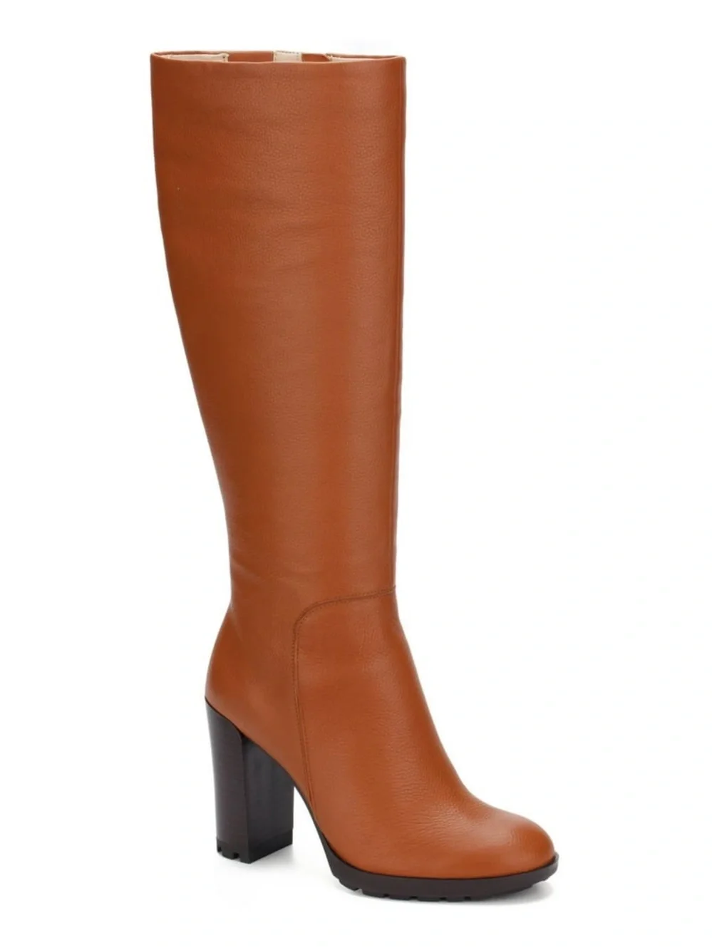 Kenneth Cole Leather Knee High Lug Sole Block Heel Boots Justin Cognac 8 NEW